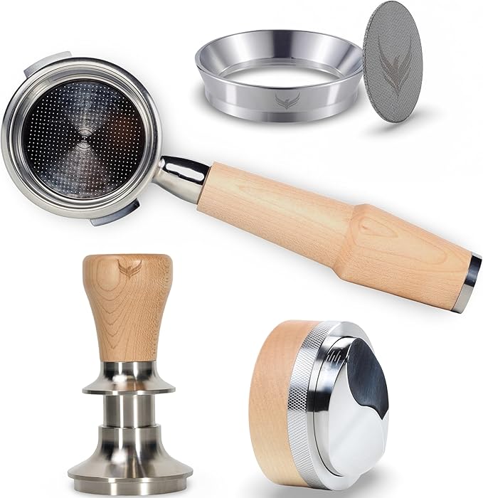KNODOS 58mm Espresso Tool Kit for Gaggia Classic, Classic Pro, and Classic Pro Evo: Maple Bottomless Portafilter, Calibrated Tamper, Dosing Funnel with Puck Screen, and Adjustable Distributor