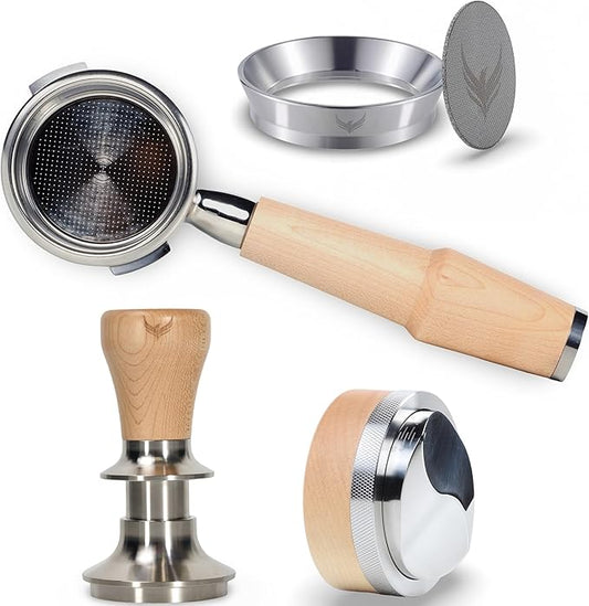 KNODOS 58mm Espresso Tool Kit for Gaggia Classic, Classic Pro, and Classic Pro Evo: Maple Bottomless Portafilter, Calibrated Tamper, Dosing Funnel with Puck Screen, and Adjustable Distributor
