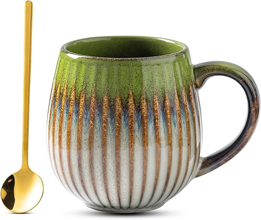 Coffee Mug, Porcelain 17 oz Large Tea Coffee Cup for Office and Home, Big Mug for Women, Men, Microwave Dishwasher Safe, Ink Wash Green