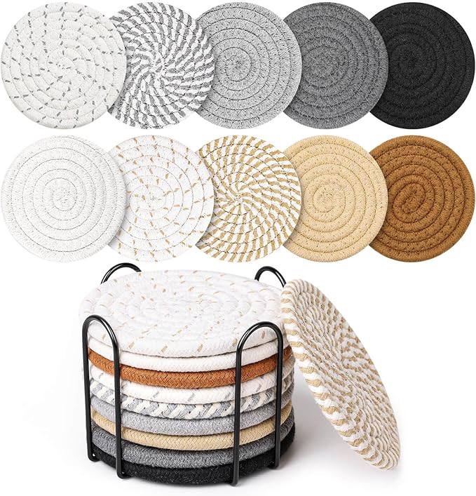 Billbotk 10 Pieces Coasters for Drinks, 10 Colors Absorbent Drink Coasters with Holder, Table Coaster Set for Home Decor, Apartment Decor Aesthetic, Living Room Essentials, 4.3 Inches