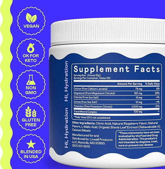 Hi-Lyte K1000 Blue Raspberry Electrolytes Powder, 50 Servings - 1000mg Potassium + Magnesium, Sodium, Trace Minerals - 0 Carbs, 0 Sugar