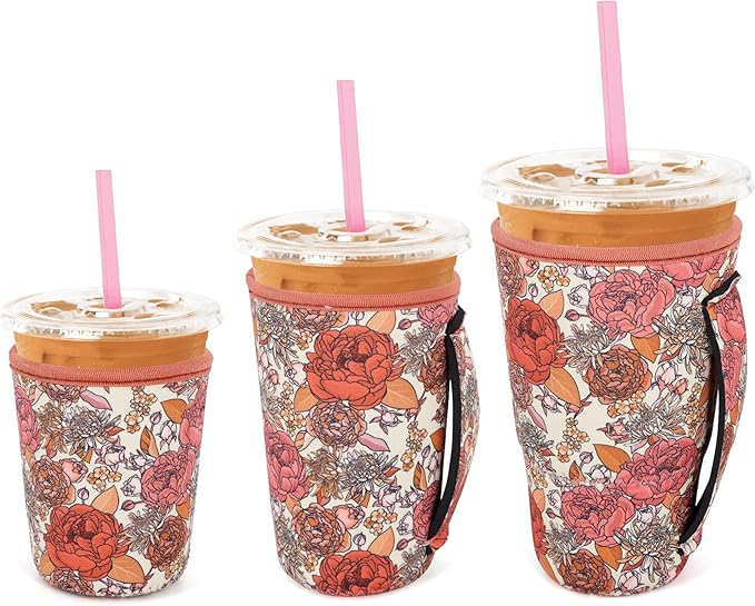 3 Pack Iced Coffee sleeve Insulated Neoprene Cup Sleeves with handle For Cold Drinks Beverages, Reusable Cup Holder for 16oz-32oz Coffee Cups (Flower Power)