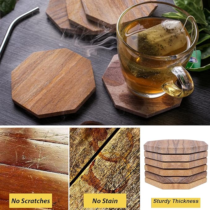 Sandstone Water Absorbent Hand Crafted Octagon Coasters with Holder for Drinks 4 Inches Wide Thirsty Stone Bar/Drink Coasters Made from Real Solid Stone (with Holder, Set of 6)