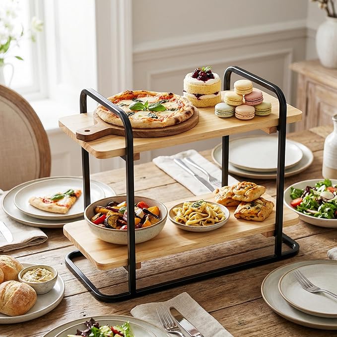 Bokon Coffee Station Organizer 2 Tier Wooden Serving Tray Charcuterie Board Stands Rectangle Coffee Bar Organizer Dessert Display Stand Tiered Cupcake Stand for Kitchen, Office, Home