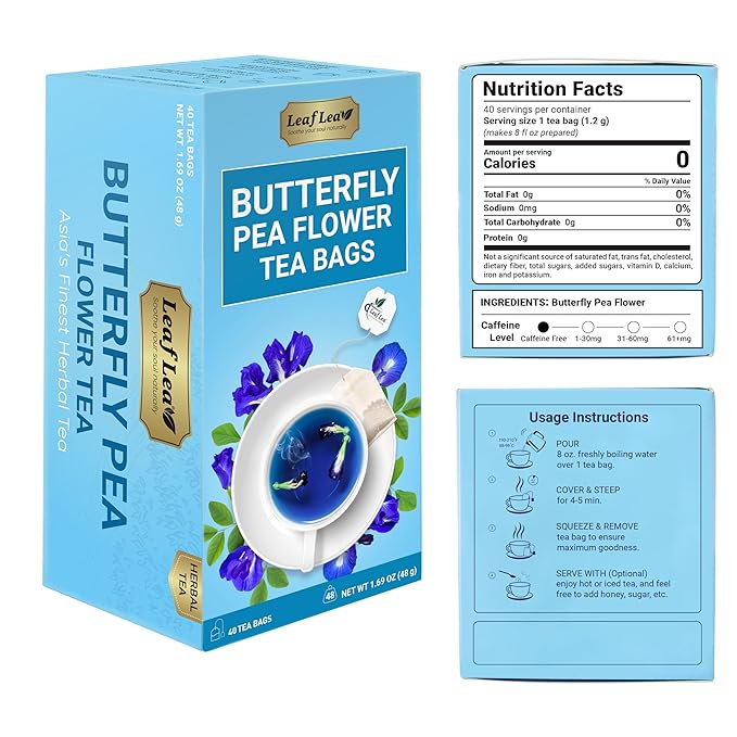 LeafLea 40 Butterfly Pea Flower Tea Bags, Herbal Flower Tea for Relaxation, Mocktails, and Natural Food Coloring, Caffeine-Free, Sugar-Free, Non-GMO
