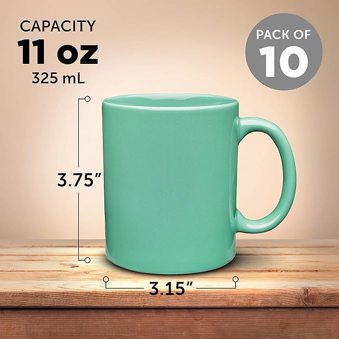 DISCOUNT PROMOS Ceramic Coffee Mugs 11 oz. Set of 10, Bulk Pack - Coffee cup set, Iced coffee cup, Gaming mug - Teal