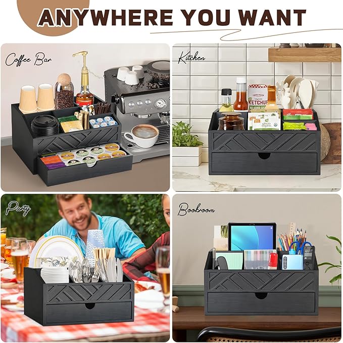 Coffee Bar Organizer with Drawer, Coffee Station Organizer for Countertop, Wood Coffee Bar Accessories Organizer for Coffee Bar Decor, Farmhouse Cup Pod Holder Condiment Organizer(Black)