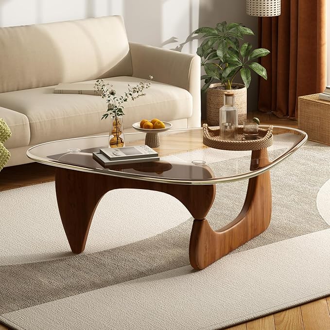 Coffee Table for Living Room Mid Century Modern Center Table with Glass Top and Wood, Transparent/Walnut