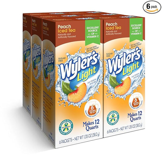 Wyler's Light Pitcher Packs, Water Drink Mix, Peach Iced Tea, 6 Boxes (36 Pitcher Packets)
