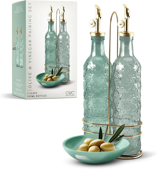 COOK WITH COLOR Glass Olive Oil Bottle Dispenser - 2 Pack- 17oz Oil and Vinegar Cruet - Olive Oil Carafe Decanter for Kitchen, Floral, Green