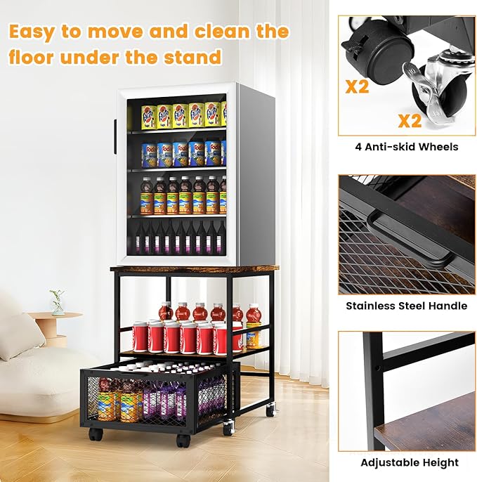 19.7x19.7in Mobile Mini Fridge Stand with 3 Storage,Small Beverage Refrigerator Table with Wheels Rolling Compact Drawer Cart,Great for Dorm Home Office, Printer Stand, Coffee Table