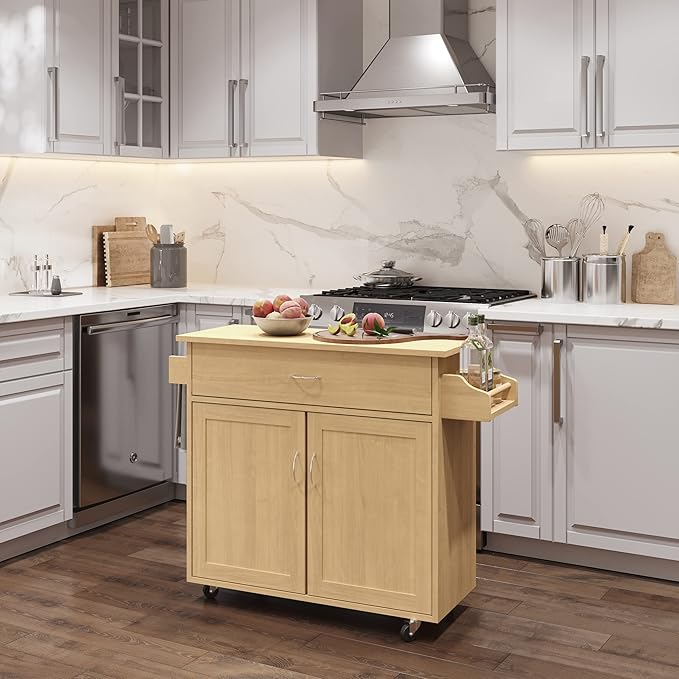Kitchen Island with Spice Rack and Storage Cabinet - Rolling Cart with Drawers for Coffee Bar, Additional Counter Space, or Storage by Lavish Home (Oak)