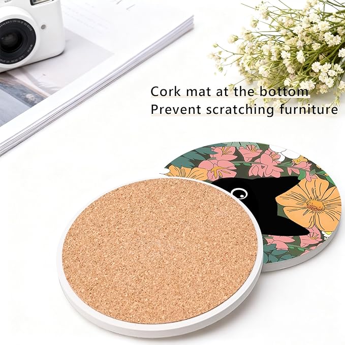 6Pcs Black Cat Coasters with Holder, Cute Floral Cat Ceramic Drink Coaster for Kinds of Cups Coffee Table Decor Cats Lover Gifts
