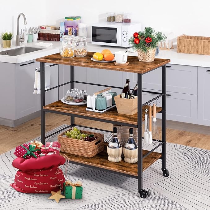 HOOBRO Kitchen Island with Storage, Industrial Kitchen Counter with Hooks and Side Enclosures, 3 Tier Kitchen Cart with Large Workstation, Saving Space, Easy Assembly, Rustic Brown and Black BF03ZD01