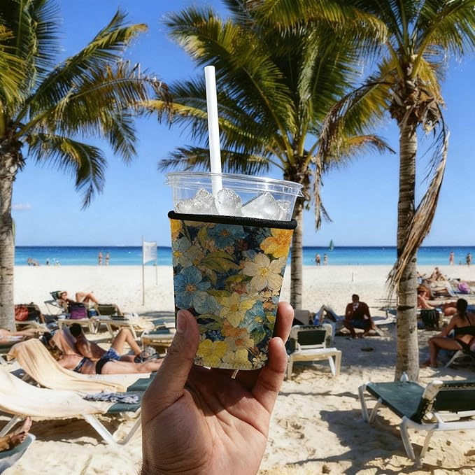 Neoprene Iced Coffee Sleeve 3 Pack, Reusable Insulated Cup Holder with Vintage Oil Painting Floral Pattern, Fits 16–32 oz Tumblers, Compatible with Starbucks & Dunkin