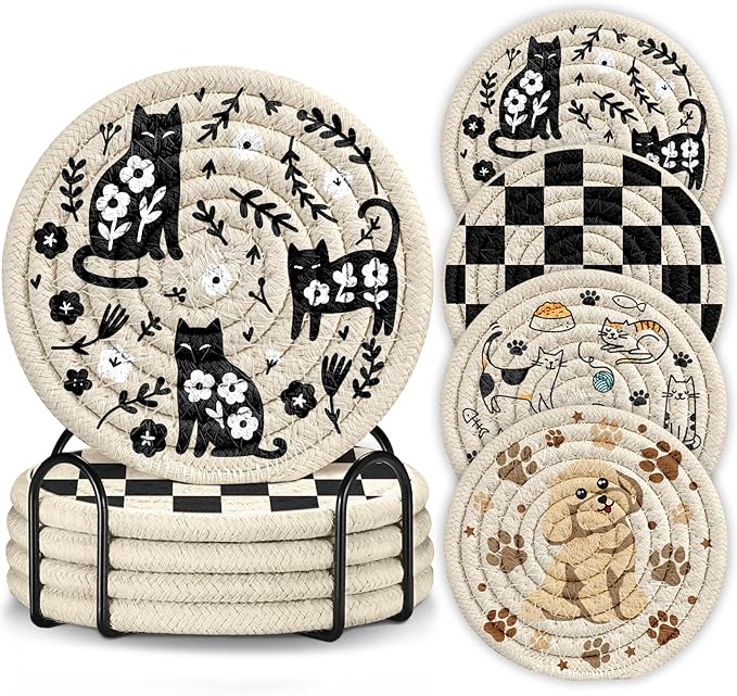Drink Coasters Set of 4 - Cute Absorbent Cup Coasters for Drinks Coffee Table Office Home Desk Decor Soft Woven Cotton Cloth Braided Fabric Drinking Cup Mat with Holder Kawaii Cat Dog Animals
