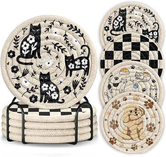 Drink Coasters Set of 4 - Cute Absorbent Cup Coasters for Drinks Coffee Table Office Home Desk Decor Soft Woven Cotton Cloth Braided Fabric Drinking Cup Mat with Holder Kawaii Cat Dog Animals