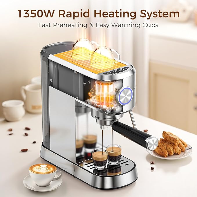 Kndko Espresso Machine, 20 Bar Espresso Coffee Machine with Milk Frother, Compact Stainless Steel Coffee Maker with 34oz Removable Water Tank for Cappuccino, Latte