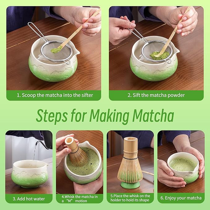 TEANAGOO 7 Pcs Matcha Whisk Set,Green Matcha Set, Ceremony Matcha Powder Kit,Matcha Tea Set for Making Latte,Matcha Whisk Set and Bowl with Scoop&Sifter,Fuji Design Ceramic Bowl,Gift for Matcha Lovers