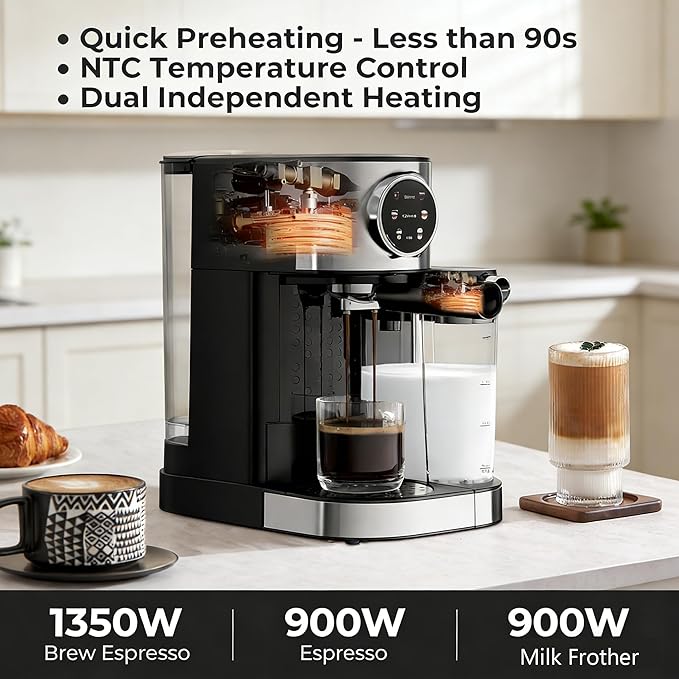20 Bar Professional Compact Espresso Cappuccino Machine with Touch Screen & Auto Milk Frother, Stainless Steel Coffee Maker for Cappuccino, Latte