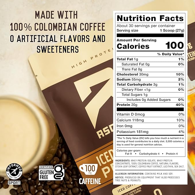 Ascent Iced Coffee Protein Powder - High Protein Coffee Powder, 20 g Protein & 100 mg Caffeine - 30 Servings