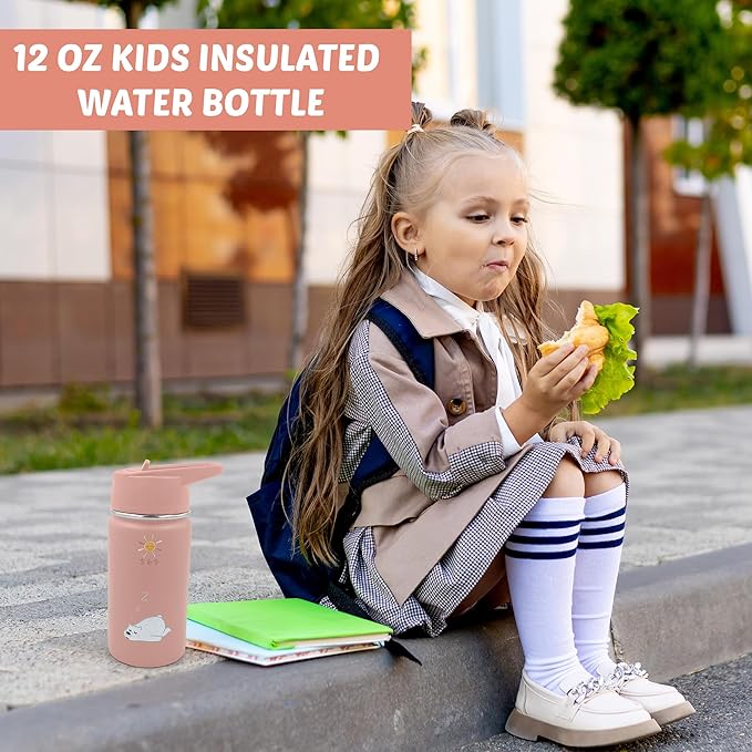 B&B Kids Stainless Steel Water Bottle with Straw Kids Insulated Water for School, Trip & Travel,Water Bottles for Boys Girls Reusable Double Wall Vacuum Leak Proof BPA Free