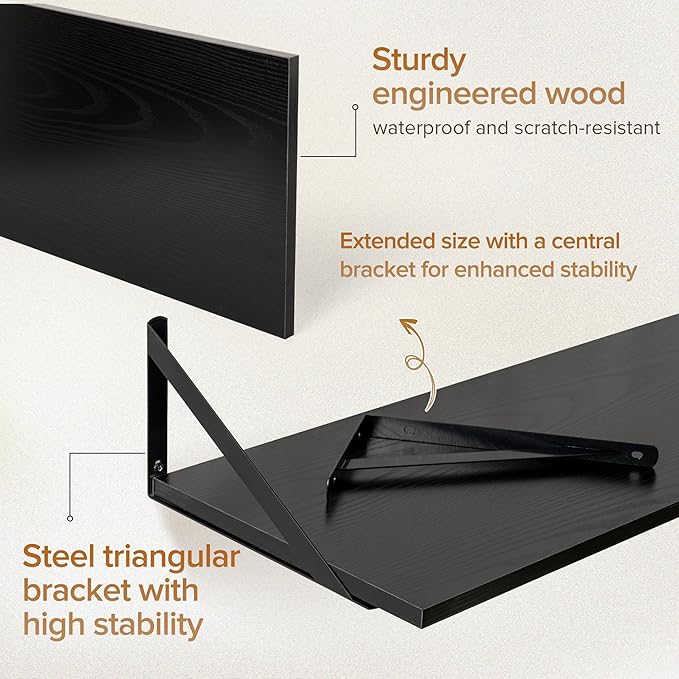 Deep Floating Shelves Wall Mounted, 55"x12" Black Wall Shelves with Brackets Set of 2 for Bedroom, Living Room, Bathroom, Kitchen, Office - Storage & Display Shelf for Decor, Books, Plants