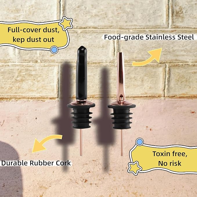 LEGERM Stainless Steel Copper Liquor Pour Spouts Set - Tapered Speed Pours Nozzles with Rubber Dust Caps | Pourers For Alcohol, Olive Oil & Liquor Bottles | Bartender Accessories for Bar & Home Use