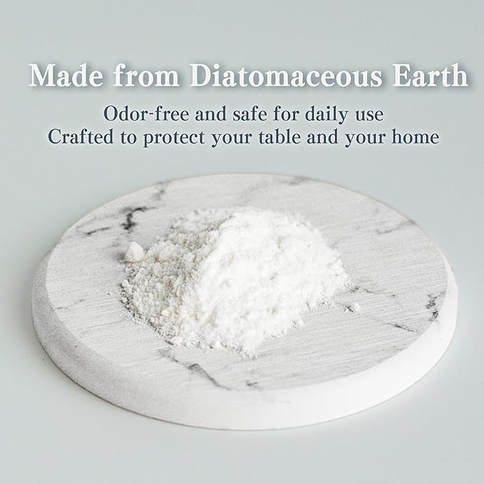 Stone Coasters for Drinks, Set of 4 (Dia. 4 in), Quick Absorbent Diatomaceous Earth Coaster with Aesthetic Marble Pattern, Desk & Coffee Table Decor, House Warming Gifts New Home - White