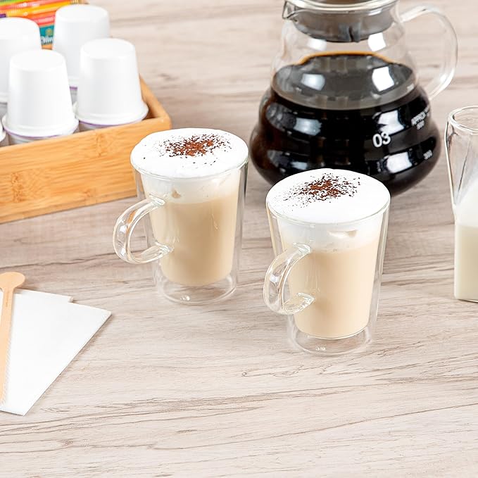 Restaurantware Glass Espresso Cups 5 Count 12 Ounces Borosilicate Double Wall Glass Coffee Mugs Insulated Clear Tea Drinkware for Hot or Cold Beverages