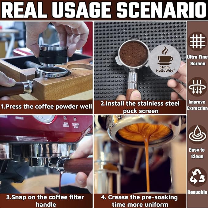 2 Packs Espresso Puck Screen 51mm with Walnut Stand, 1.7mm Thickness 150μm Mesh 51mm Puck Screen 51 mm Portafilter Espresso Filter Bottomless Portafilter Espresso Accessories Kit