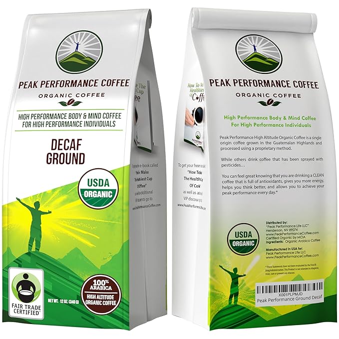Peak Performance High Altitude Organic Decaf Coffee - Fair Trade, Low Acid, Non GMO, and Beans Full of Antioxidants - Medium Roast Smooth Tasting USDA Certified Organic Decaffeinated Ground 12 oz
