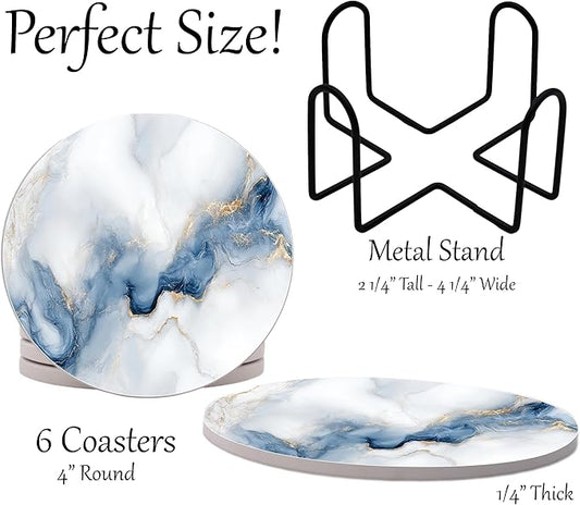 White Agate Marble Round Coasters Set of 6 - Abosrbent Ceramic Coasters with Metal Stand for Drinks, Coffee, Non-Slip Cork Back for Tabletop Protection, 4 Inches Marbled Pattern (Agate)