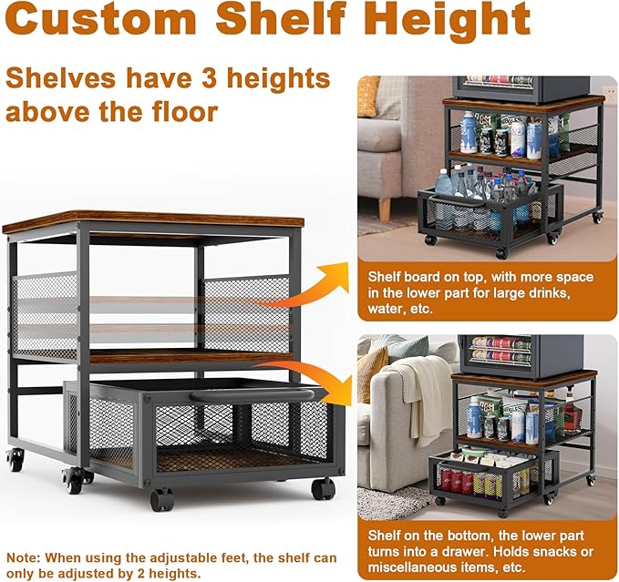 21x21in Mini Fridge Stand with Storage, Heavy Duty Mini Fridge Table with 4 Lockable Wheels for Coffee Bar 220LBS Compact Beverage Refrigerator Stand Cabinet Dorm Fridge Cart for Office Home (Brown)