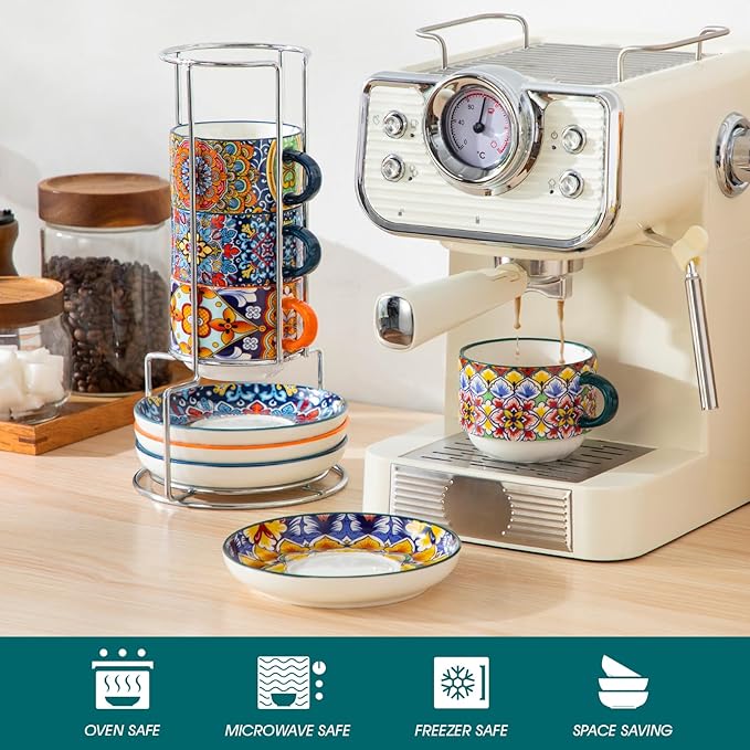 vancasso 8 Oz Stackable Espresso Cups with Saucers and Metal Stand Set of 4,Bohemian Ceramic Cappuccino Cups - Microwave and Dishwasher Safe, Perfect For Tea, Espresso, Latte, Cafe-03