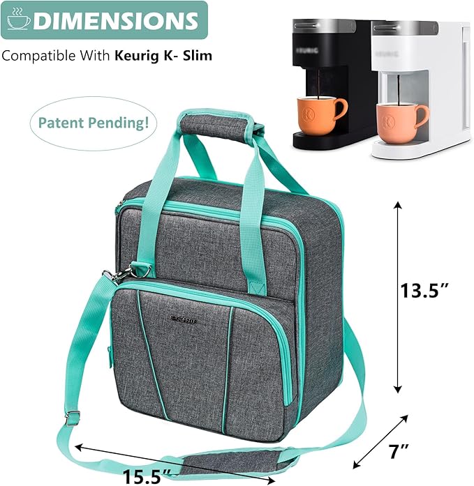 BAGSPRITE Travel Coffee Maker Bag for Keuriig K-Slim, Single Serve Brewer Carrying Case, Portable Travel Coffee Maker Storage Case with Pockets for K-Cup Pods (Full Open Design Patent Pending)