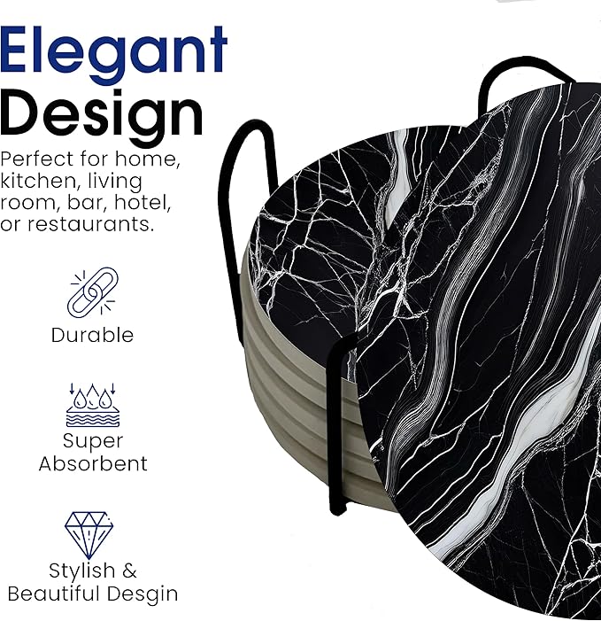 Black Agate Marble Round Coasters Set of 6 - Abosrbent Ceramic Coasters with Metal Stand for Drinks, Coffee, Non-Slip Cork Back for Tabletop Protection, 4 Inches Marbled Pattern (Dark)