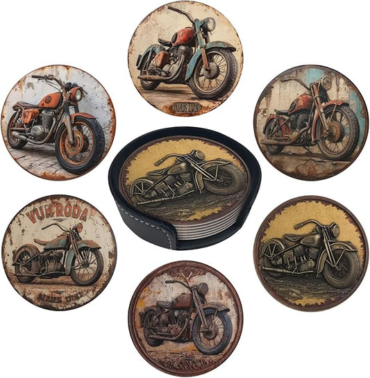Retro Motorcycle Coasters for Drinks with Holder Round Leather Coasters Set of 6 Cups Mugs Mat Pad for Home Kitchen Bar