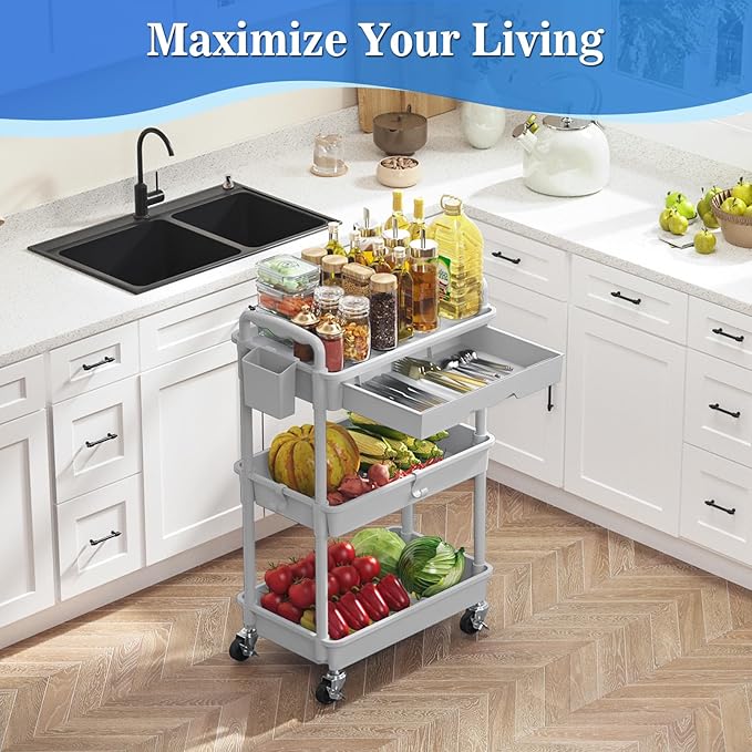 3 Tier Rolling Cart with Drawer, Bathroom Storage Organizer with 2 Lockable Wheels, Multifunctional Rolling Storage Cart for Bathroom, Kitchen, Office, Craft, Makeup, Baby Essentials, Gray