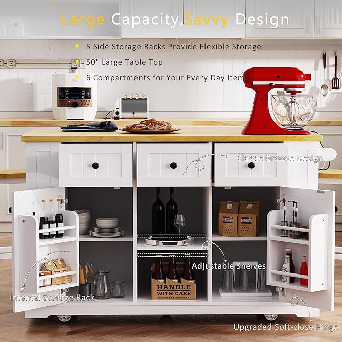 Rolling Kitchen Island with 2 Bar Stools, Drop Leaf & Power Outlet, Large Kitchen Islands Cart on Wheels, Movable Kitchen Island with 5 Open Shelves & Towel Rack for Kitchen, Dining Room, 53″, White