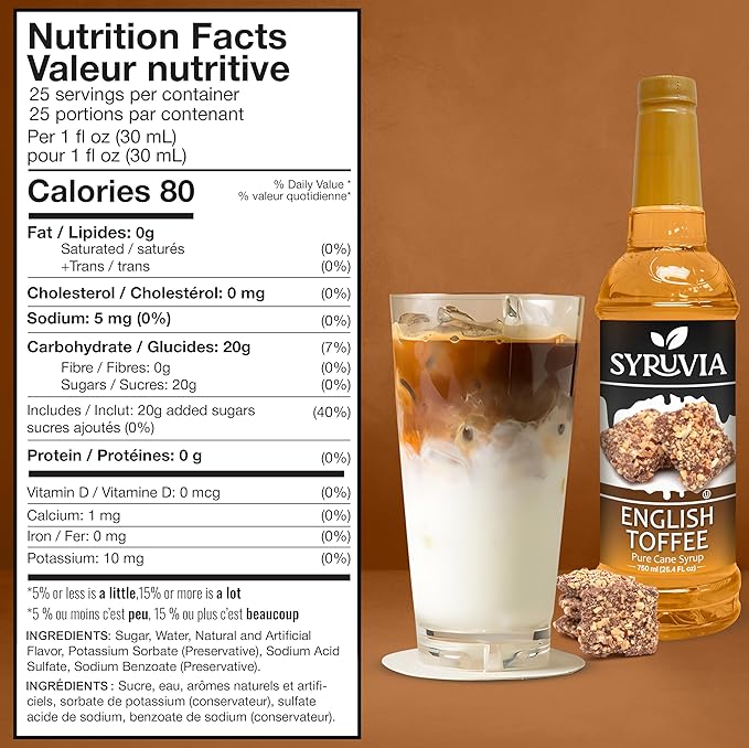 Syruvia Coffee Syrup, English Toffee Flavored Syrup for Drinks, Lattes, and Desserts – 25.4 fl oz