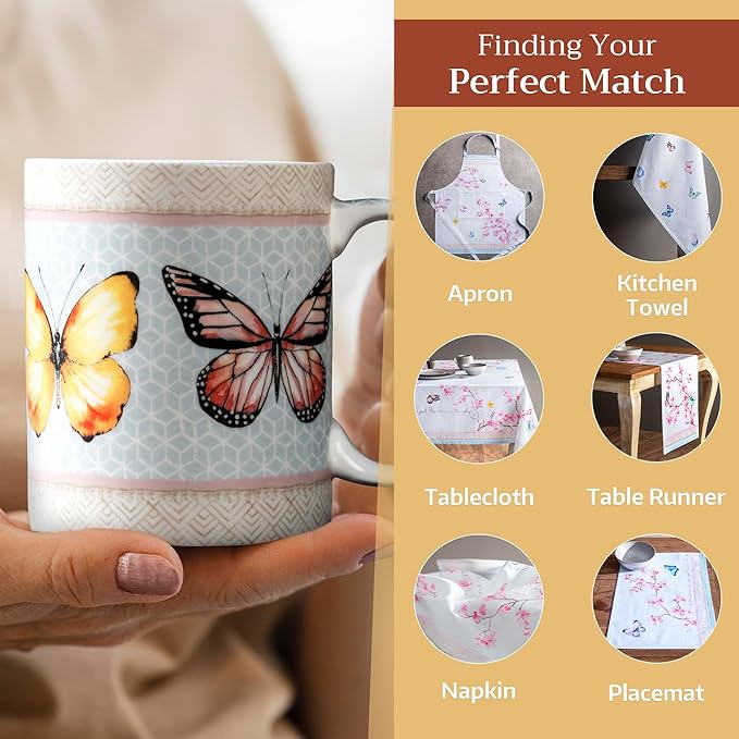 Maison d' Hermine Coffee Mug with Handles Fine Bone China Mugs Pack of One Tea Cups for Hot Beverages Cappuccino Latte Home Office Perfect for Gift (Blossoms In Spring - Butterfly, 15 Ounce)