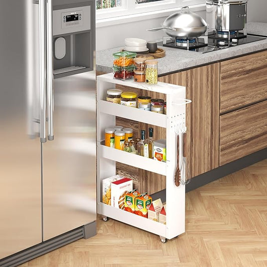 Slim Storage Cart, 4-Tier Kitchen Rolling Cart Narrow Storage Cabinet with Handle & Wheels, Metal Rolling Shelf Unit for Kitchen Bathroom Laundry Small Places(5 in Width/White)