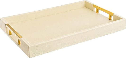 Modern Elegant 17.5”x12” Rectangle Cream Rectangle Shagreen Faux Leather Decorative Tray Ottoman Tray Coffee Table Perfume Living Room Kitchen Serving Tray with Gold Polished Metal Handles.