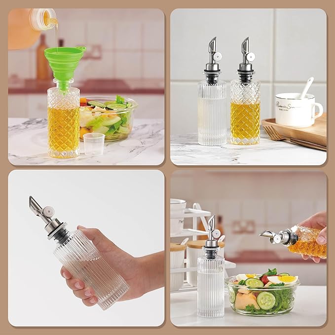 Glass Olive Oil Dispenser Bottle Small, 6.5 Oz/ 200 ml Coffee Simple Syrup Bottles with Silver Metal Pour Spout, Funnel, Measuring Cup, Oil and Vinegar Bottle for Kitchen (2 Pack)