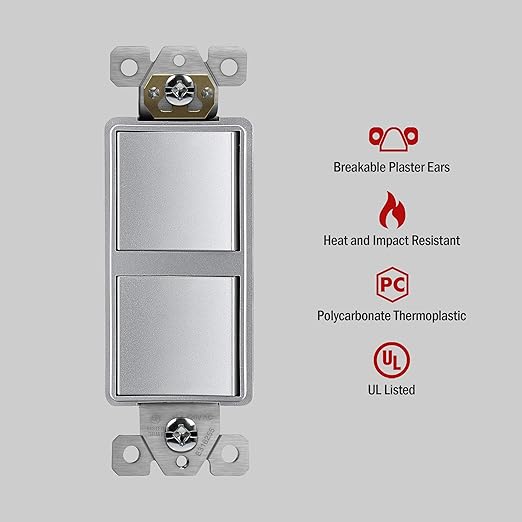 ENERLITES Double Paddle Rocker Decorator Switch, Ground Terminal, Clamp-Type Back Insert Wiring, Copper Wires Only, Single Pole, Residential/Commercial Grade, 15A 120-277VAC, 62834-SV, Silver