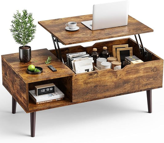 OLIXIS Wooden Coffee Table, Lift Top Coffee Table with Large Hidden Compartment and Ample Storage Shelf, Lift Tabletop Dining Table for Living Room, Home Small Space, Rustic