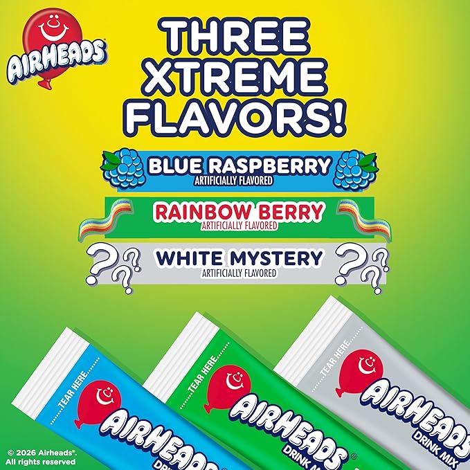 Airheads Xtreme Singles To Go! Drink Mix 30ct Variety Pack, Zero Sugar, Low Calorie, Sweet & Sour Powder Drink Mix Packets, Blue Raspberry, Rainbow Berry, White Mystery, 30 Count