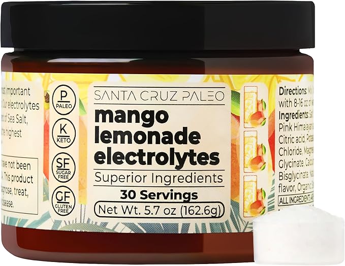 Santa Cruz Paleo Electrolyte Powder, Mango Lemonade, Sugar Free Hydration Drink Mix with Himalayan Pink Salt, Sea Salt, Magnesium Glycinate, Potassium Chloride, Sweetened with Stevia, 30 Servings