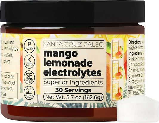 Santa Cruz Paleo Electrolyte Powder, Mango Lemonade, Sugar Free Hydration Drink Mix with Himalayan Pink Salt, Sea Salt, Magnesium Glycinate, Potassium Chloride, Sweetened with Stevia, 30 Servings